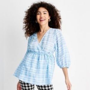 Future Collective - Wrap Semi Sheer V Neck Blouse Balloon 3/4 Sleeves Me…